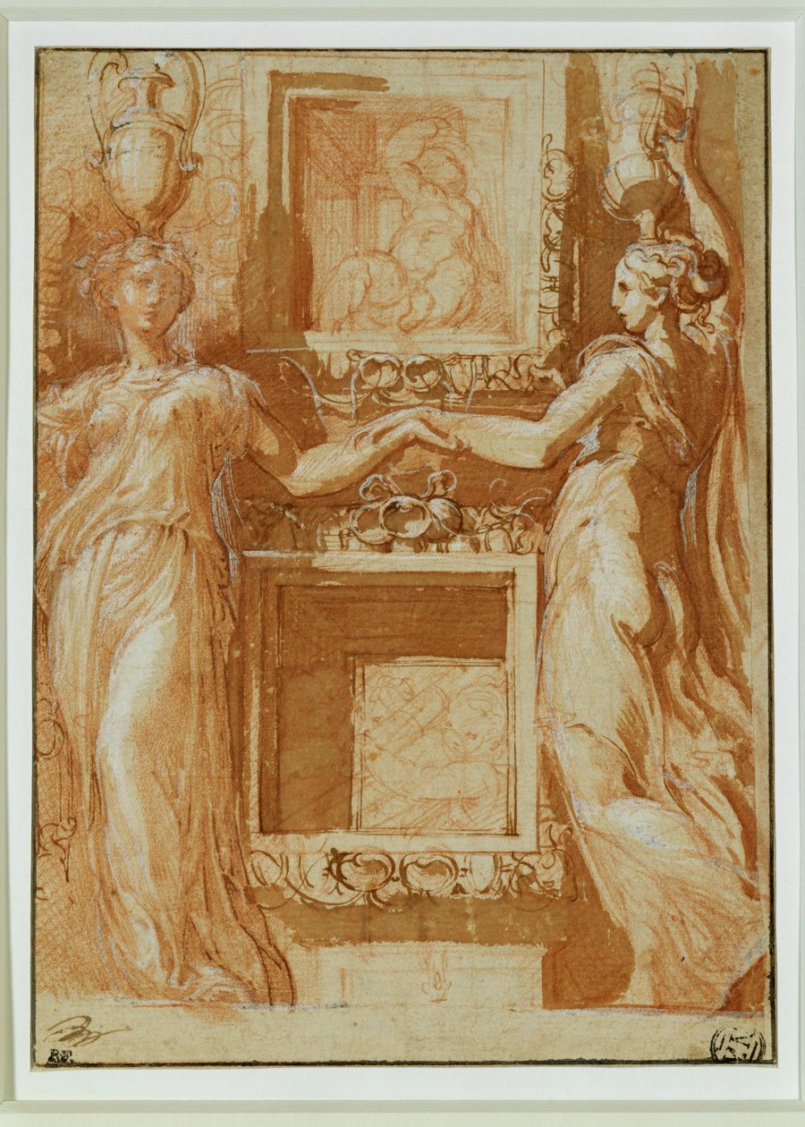 To kaneforer holder hinanden i hånden på hver side af sænkekasserne ... af Parmigianino (1503-40)