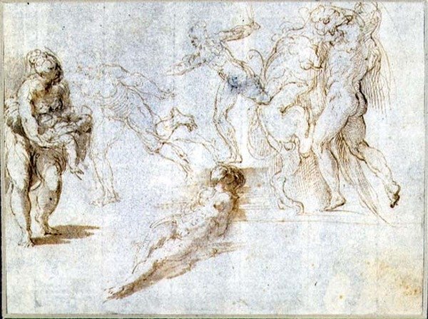 Figurstudier: Kvinde der holder en baby; Mand forfulgt af en anden; Nøgen kvinde liggende på jorden; Hercules and the Nemean Lion (brunt blæk og vask på papir) af Parmigianino