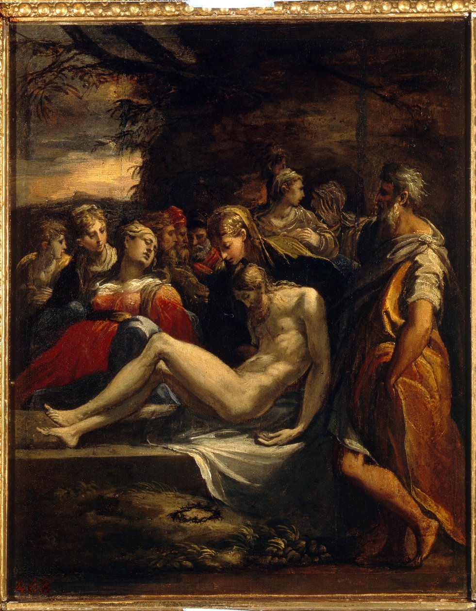 Kristi begravelse. Kristi legeme anbragt i et ligklæde af Jomfru Maria, Maria Magdalena og Johannes. Maleri af Parmigianino (1503-1540), olie på lærred. Italiensk kunst (Parma) af Parmigianino