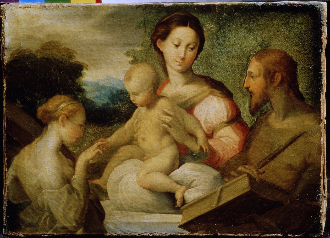 ""The Mystical Marriage of Saint Catherine"" (The Mystical Marriage of Saint Catherine) Den mystiske vielse mellem Saint Catherine of Siena (1347-1380) med Kristus i 1368. Maleri af Girolamo Francesco Maria Mazzola kendt som Parmigianino eller Le Parmesan  af Parmigianino