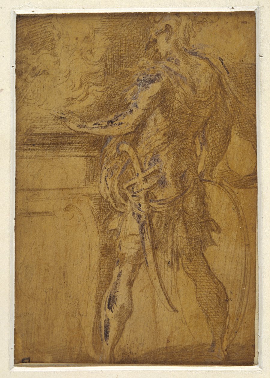 Mucius Scaevola stikker hånden ind i flammerne (metalspids på gullig grund, berørt med hvid kropsfarve på papir) af Parmigianino (1503 40)