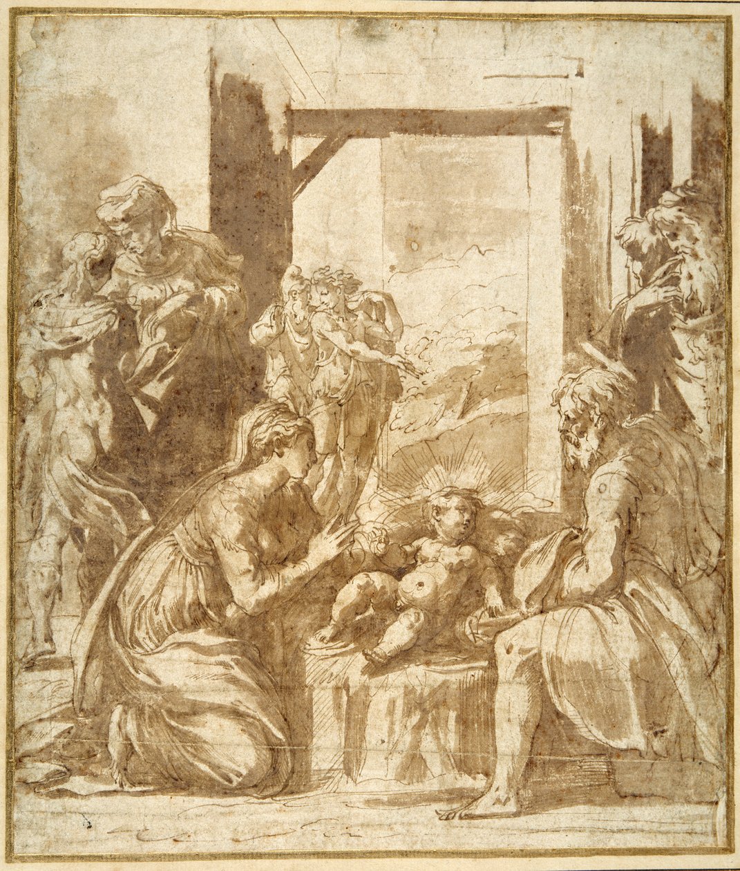 The Nativity (pen & brunt blæk med brun vask på hvidt papir) af Parmigianino