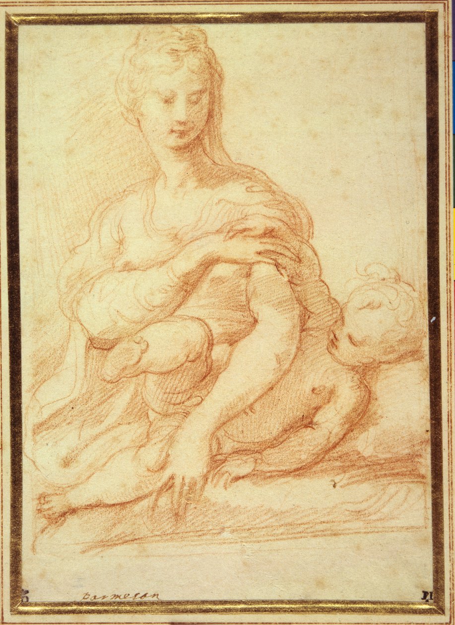 Jomfruen leger med barnet på sit skød (rødt kridt på hvidt papir) af Parmigianino