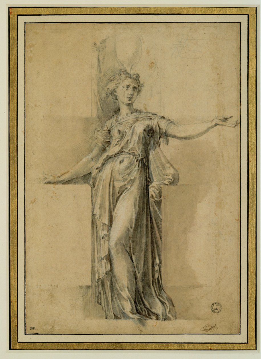 En canephore. Brunt blæk, sort sten, gouache på beige papir ... af Parmigianino (1503-40)