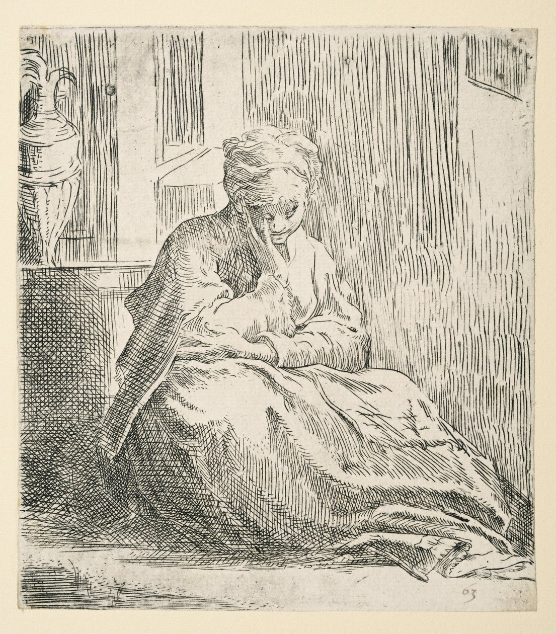 Kvinde siddende på jorden, kendt som Saint Thais (ætsning) af Parmigianino