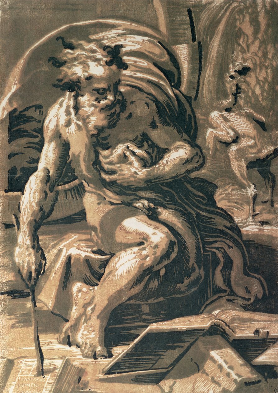 Diogenes, graveret af Ugo da Carpi (1470/80-1532) (clair-obscur træsnit) af Parmigianino 