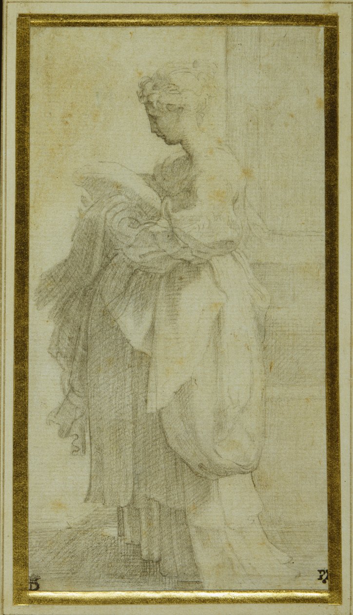 Stående figur af en pige med store draperier (sort kridt på hvidt papir) af Parmigianino 