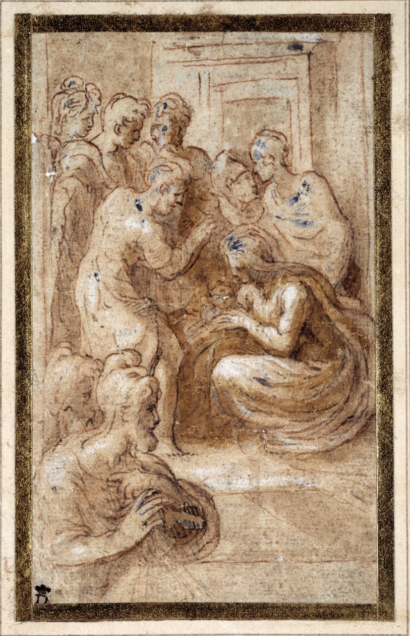 Tilbedelse af den hellige familie i et interiør (pen & brun blæk med brun vask og hvid forhøjning på cremepapir) af Parmigianino 