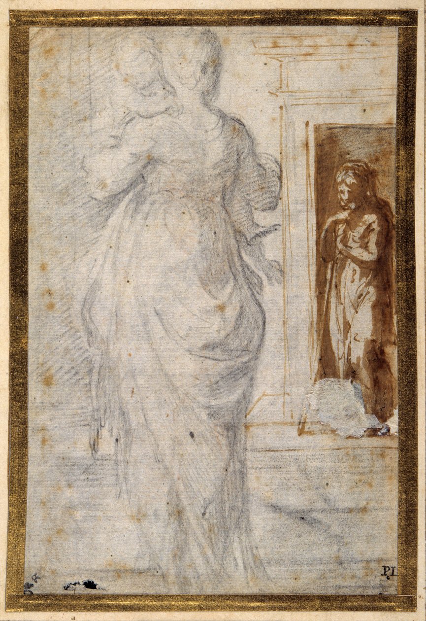Bagfra af en kvinde, der bærer et barn; en mand, der læner sig op ad sin stav, venter i en døråbning (sort kridt med kuglepen & brunt blæk & sløjfevask på hvidt papir) af Parmigianino