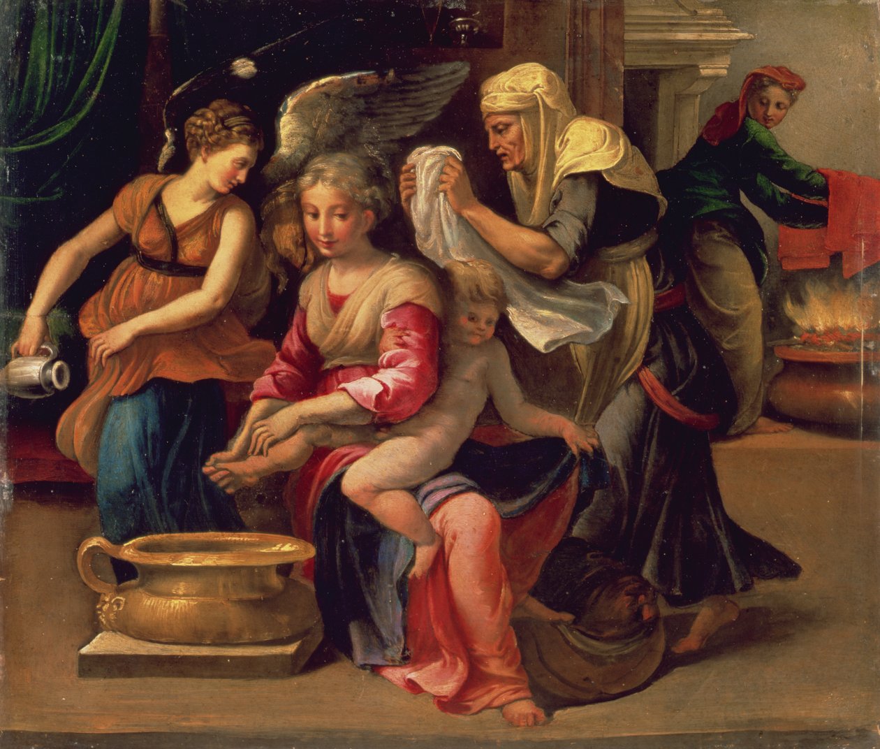 Badning af en baby (olie på panel) af Parmigianino