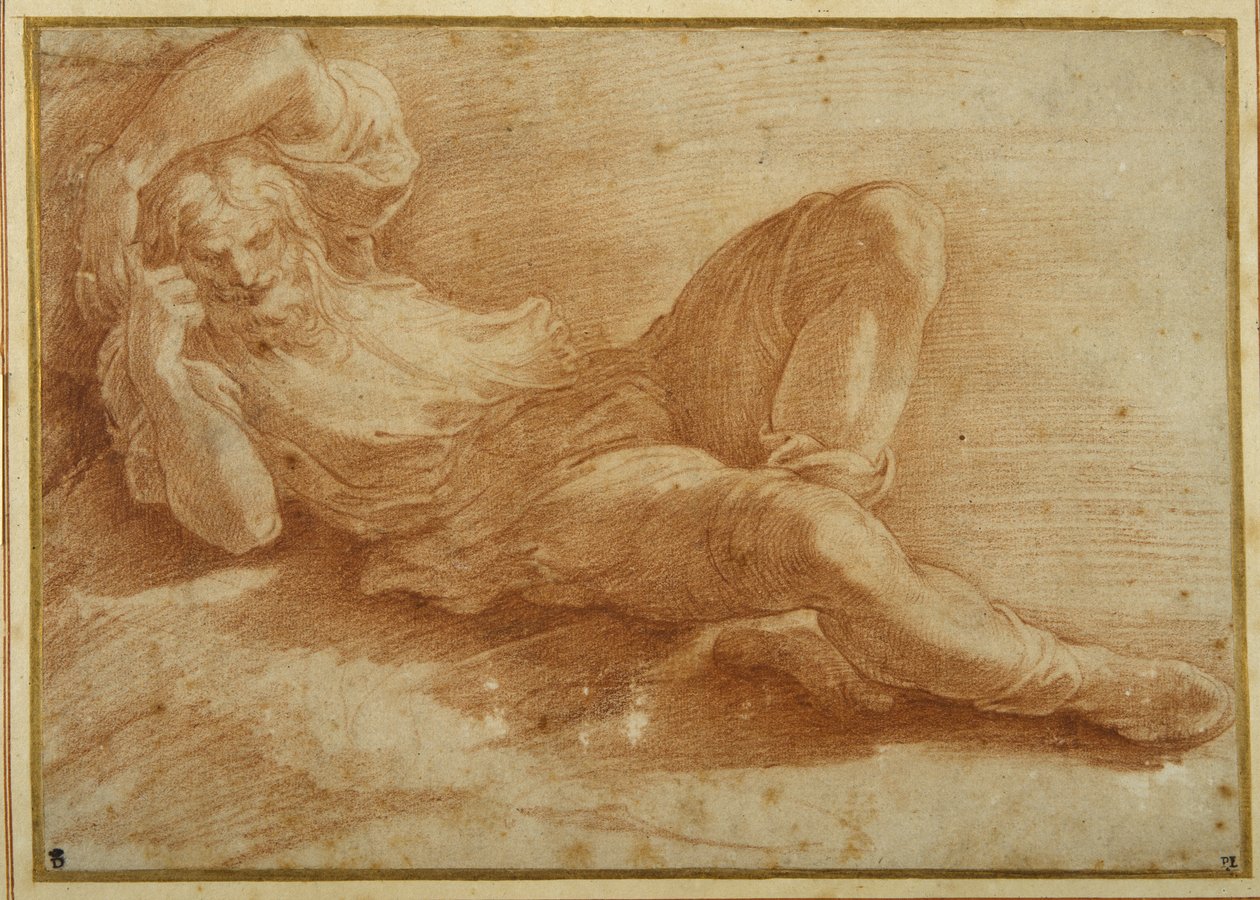 Skægget figur, sovende (rødt kridt på hvidt papir) af Parmigianino