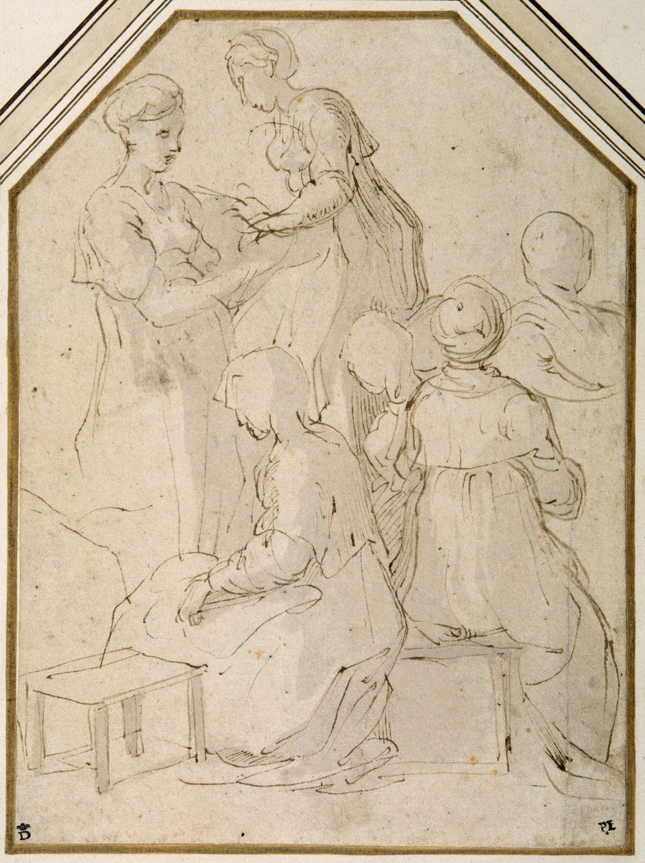 Hjemmegruppe, to stående kvinder og fire siddende (pen og brunt blæk med lysebrun vask på hvidt papir) af Parmigianino
