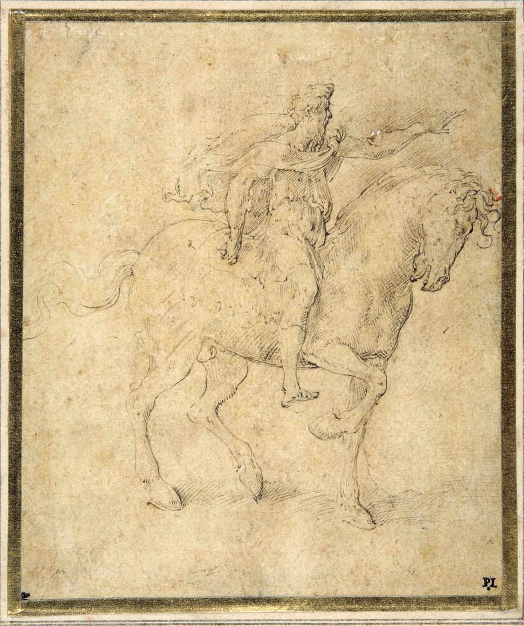 Ridefigur (pen & brunt blæk med brun vask på hvidt papir) af Parmigianino