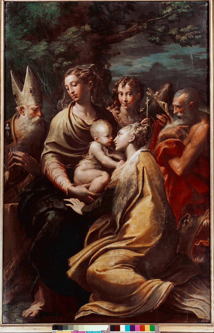 Madonna og barn, Sankt Margarita, Sankt Michael, Sankt Hieronymus og Sankt Petronio (Petrone, Petronius) Maleri af Francesco Mazzola Il Parmigianino kaldet Parmesanen (1503-1540) 1528-1529 Dim.222x147 cm Bologna, National Picture Gallery af Parmigianino