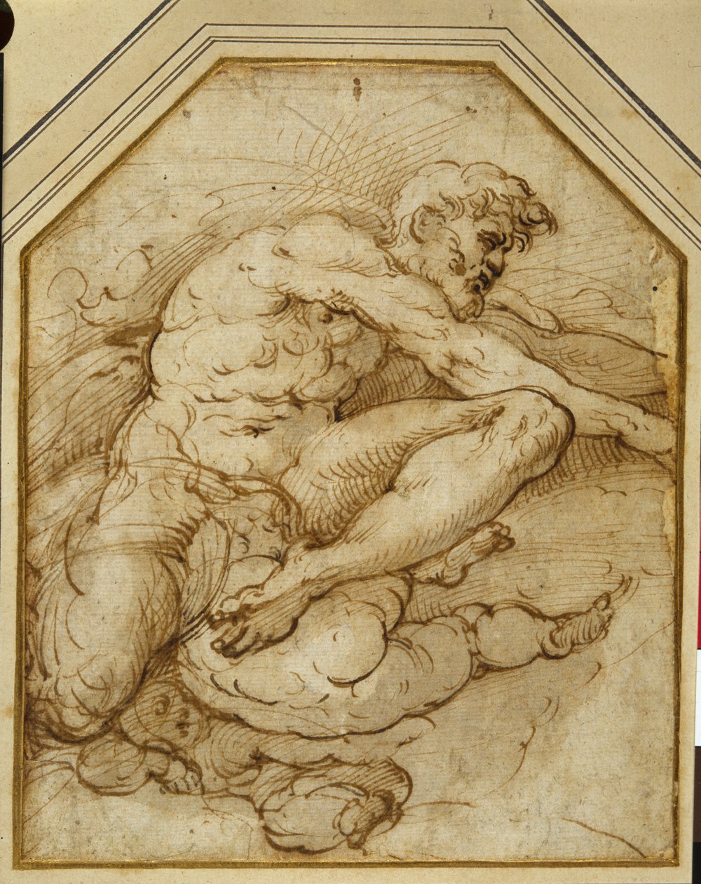 Mandsfigur, født højt i skyer af putti (pen & brunt blæk med vask på papir) af Parmigianino