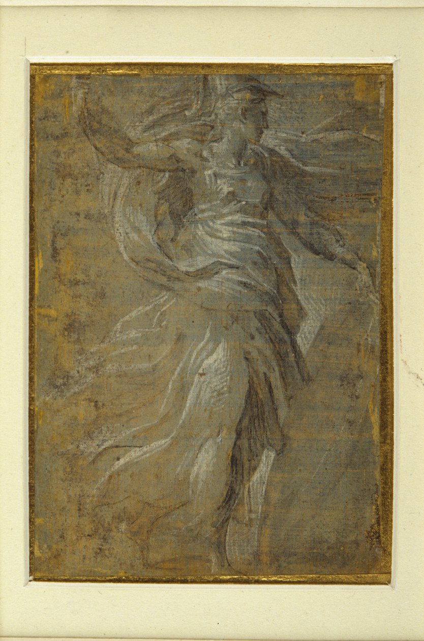 Minerva med et skjold i venstre hånd, en lanse i højre (metalspids på forberedt gullig grund) af Parmigianino