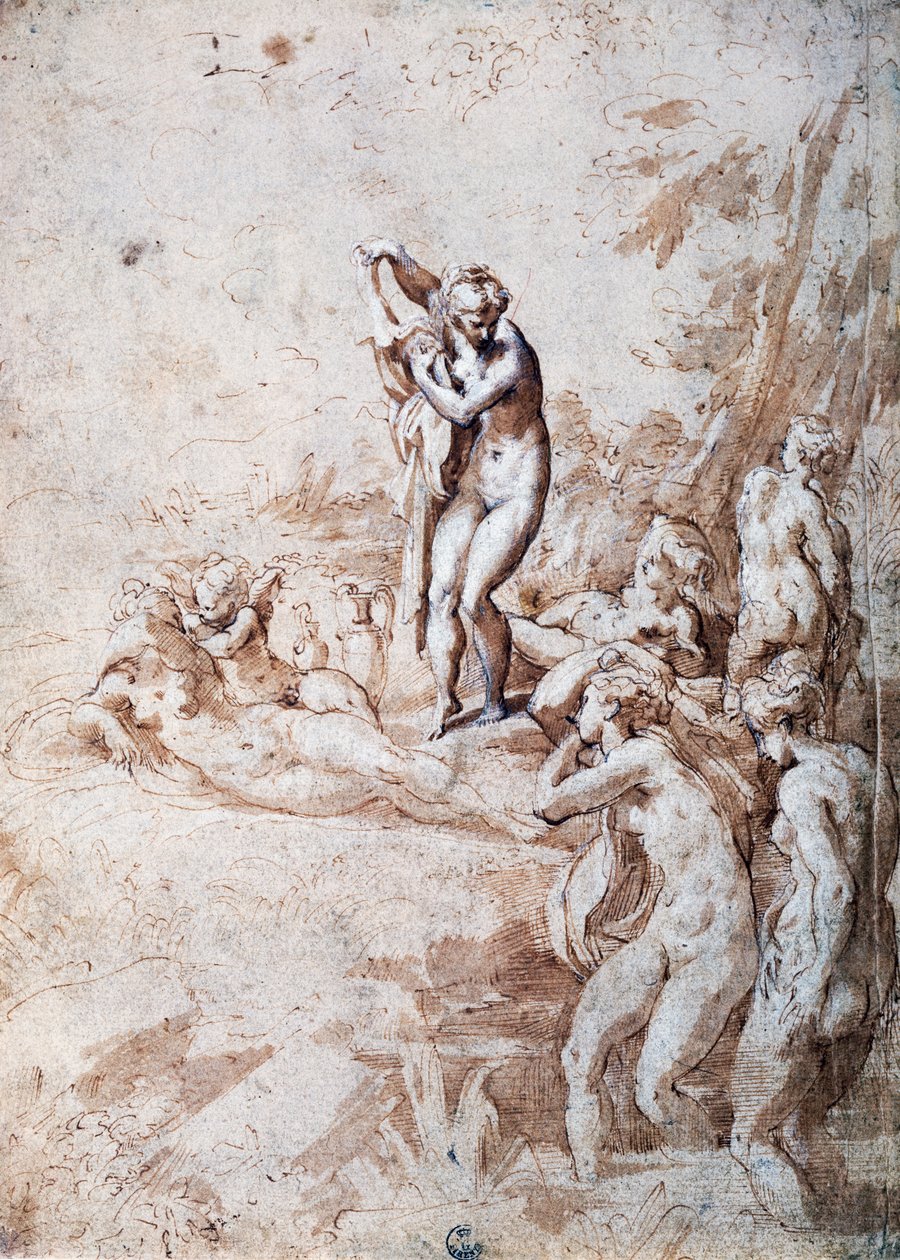 Nymfer i badning (pen og fortyndet blæk, hvidt bly) af Parmigianino