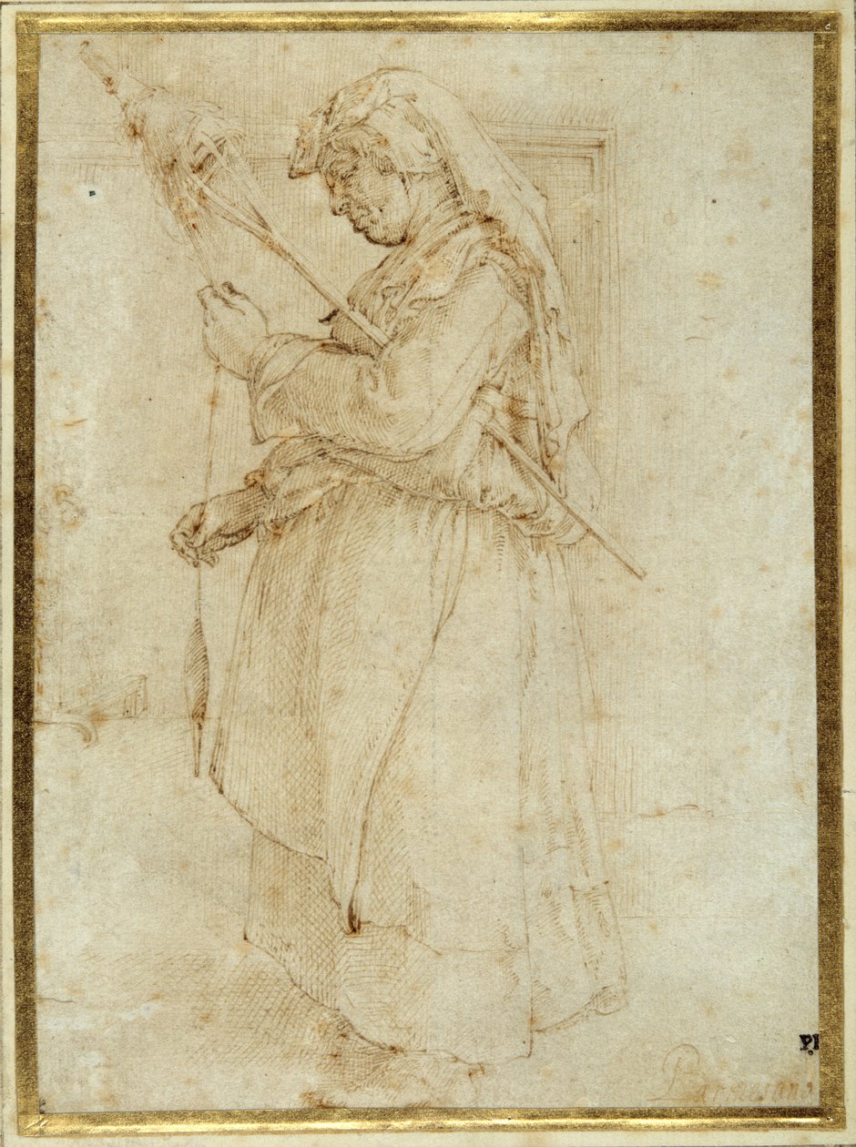 Gammel kvinde med en distaff, stående foran en pejs (pen & brunt blæk på hvidt papir) af Parmigianino
