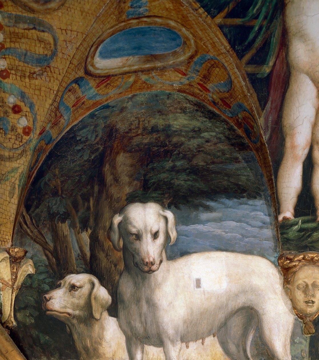 Par hunde, detaljer fra Myth of Diana and Actaeon, af Francesco Mazzola kendt som Parmigianino (1503-1540), fresco, nordsiden af Room of Diana and Actaeon, Rocca Sanvitale, Fontanellato, nær Parma, Italien, omkring 1524 af Parmigianino
