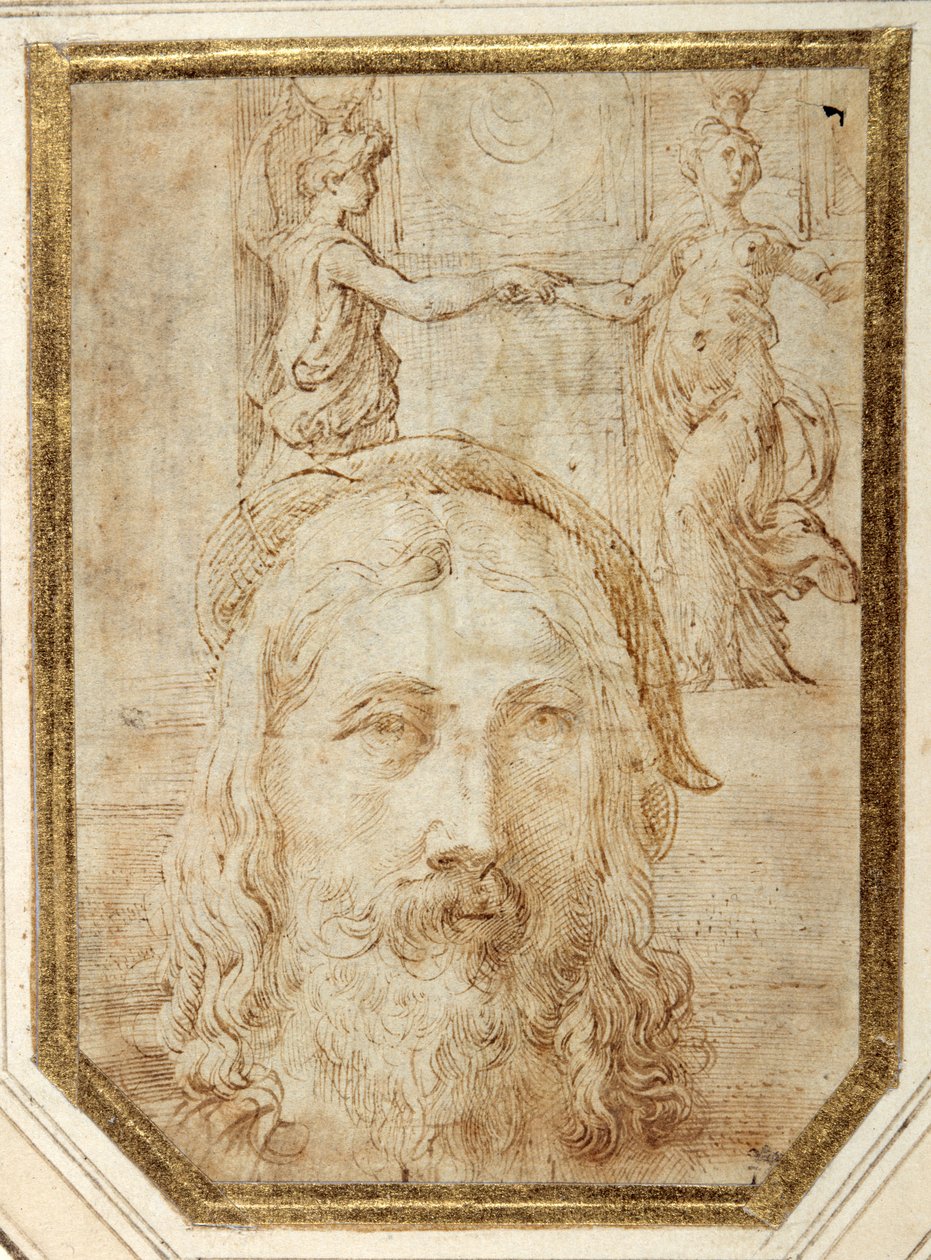 Selvportræt, pålagt forundersøgelser for to canephori af Steccata (pen & brunt blæk på hvidt papir) af Parmigianino
