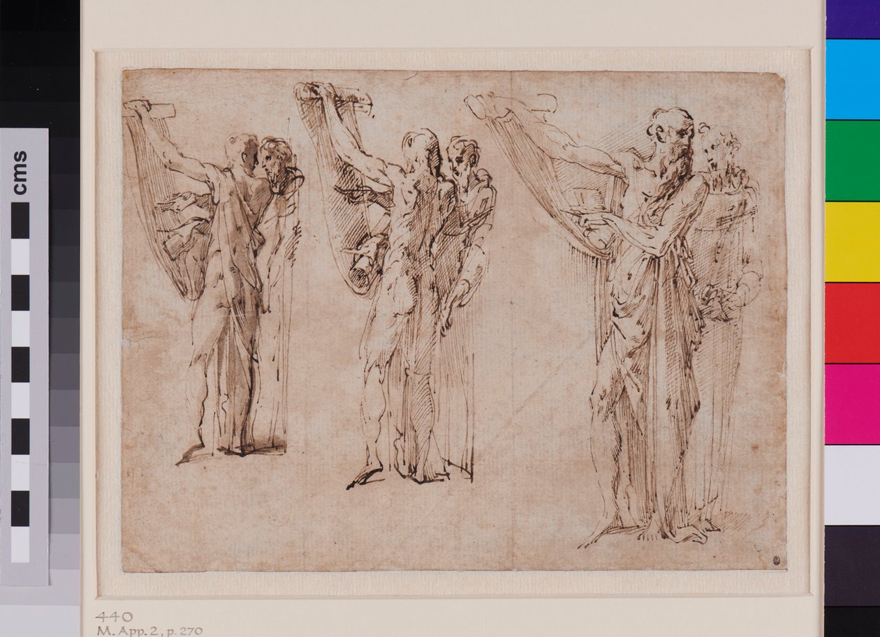Tre studier af Sankt Hieronymus og Sankt Frans i samtale, recto ca. 1534 - 1539 (pen og brunt blæk med grå vask på lagenpapir) af Parmigianino (1503-40)