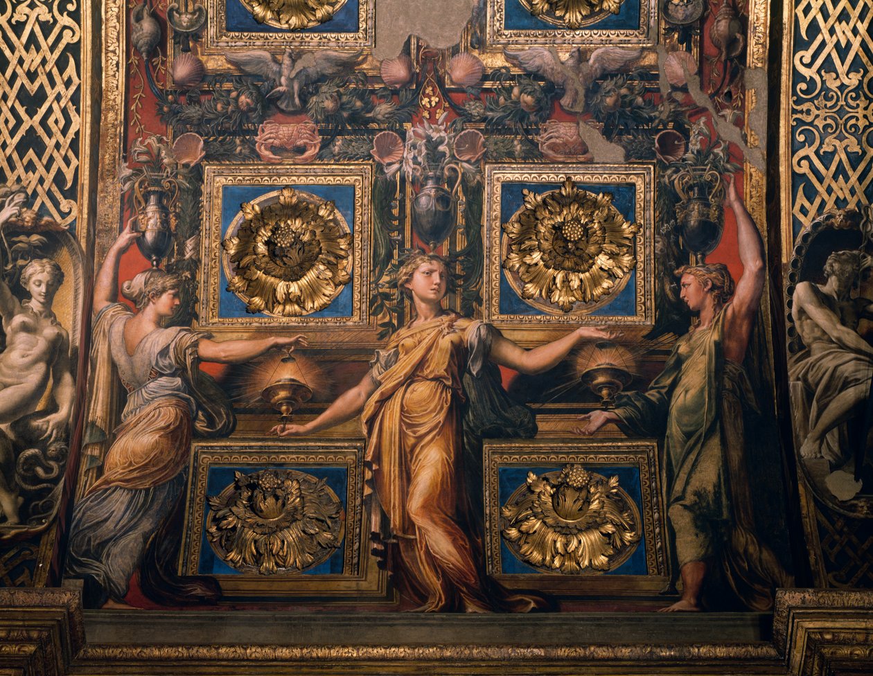 Tre kloge jomfruer, detalje af Tre kloge jomfruer og tre tåbelige jomfruer, af Francesco Mazzola kendt som Il Parmigianino, fresco, undersiden af buen af præsbyteriet, helligdommen Santa Maria della Steccata, Parma, Emilia-Romagna. Italien af Parmigianino