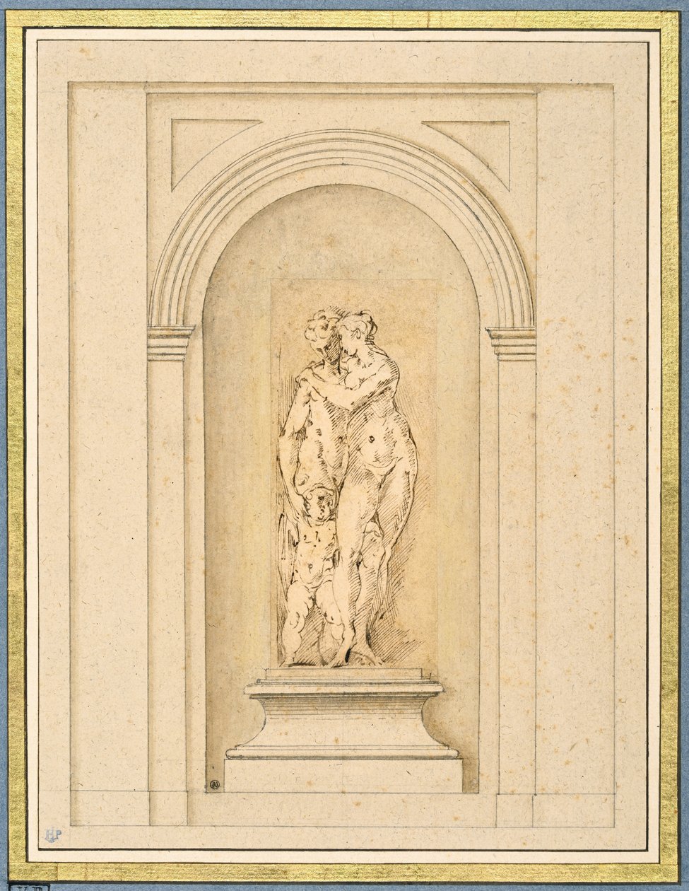 To figurer og en amor omgivet af en senere arkitektonisk ramme af Parmigianino