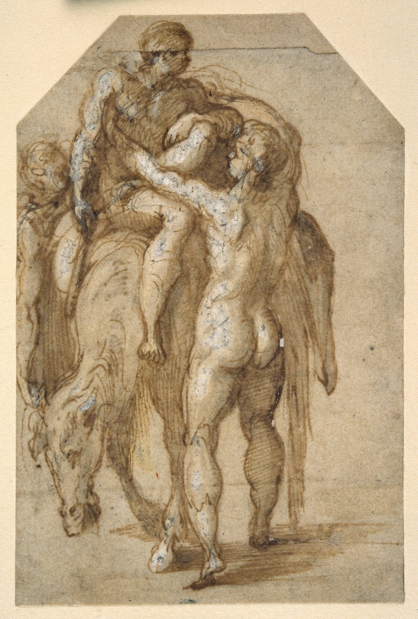 To nøgne mænd løfter en syg mand fra en træt hest (pen & brunt blæk med brun vask forhøjet med hvid kropsfarve på papir) af Parmigianino