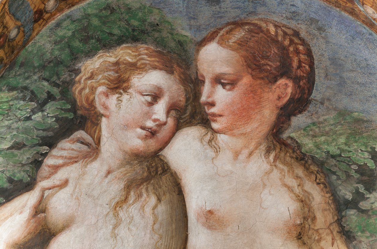 To nymfer, der deltager i Dianas bad, fra Room of Diana and Actaeon, detalje fra 2384753 af Parmigianino