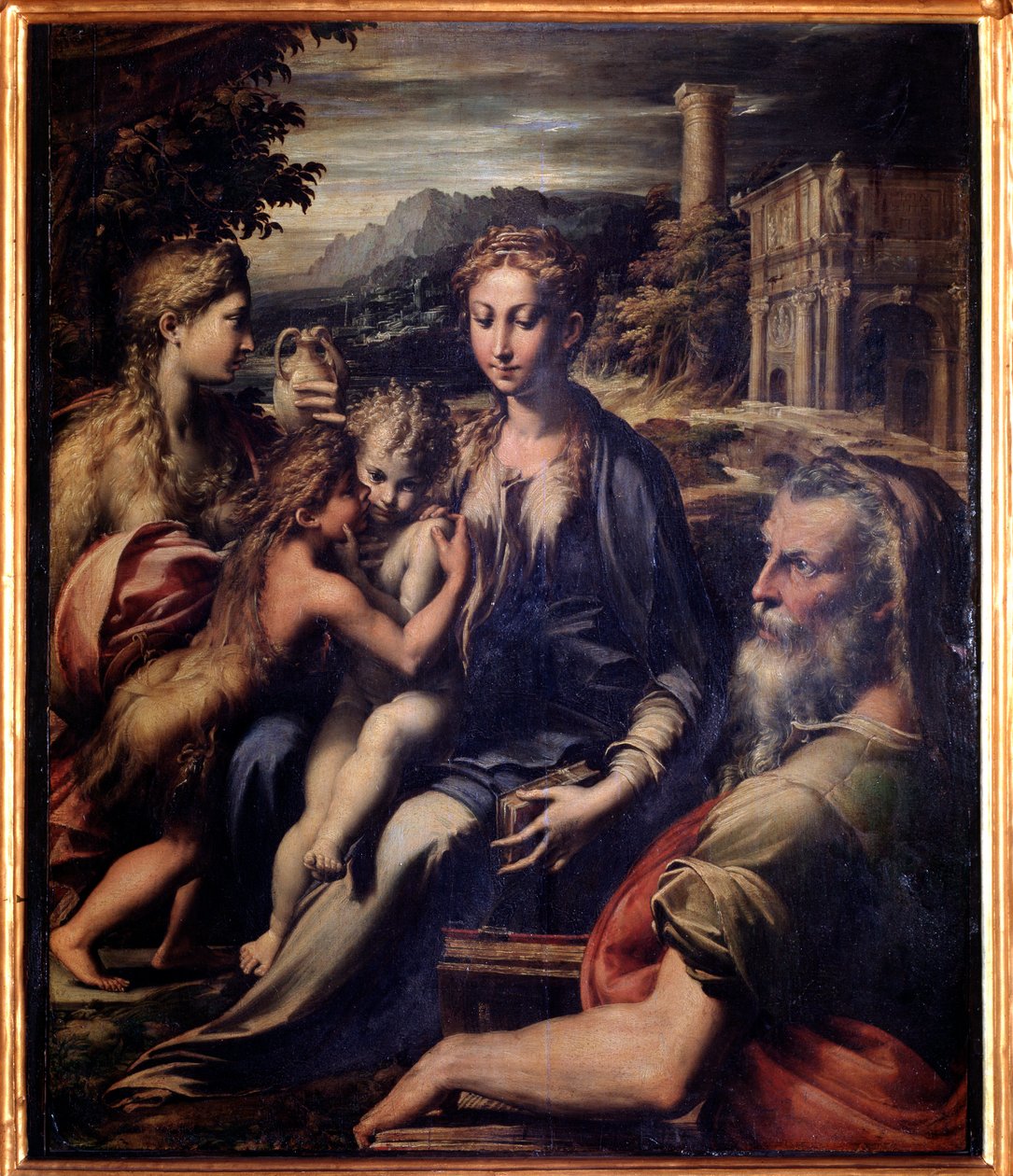 Jomfru med barn, Johannes Døberen, Magdalene og Zacharias - olie på panel, ca. 1530 af Parmigianino