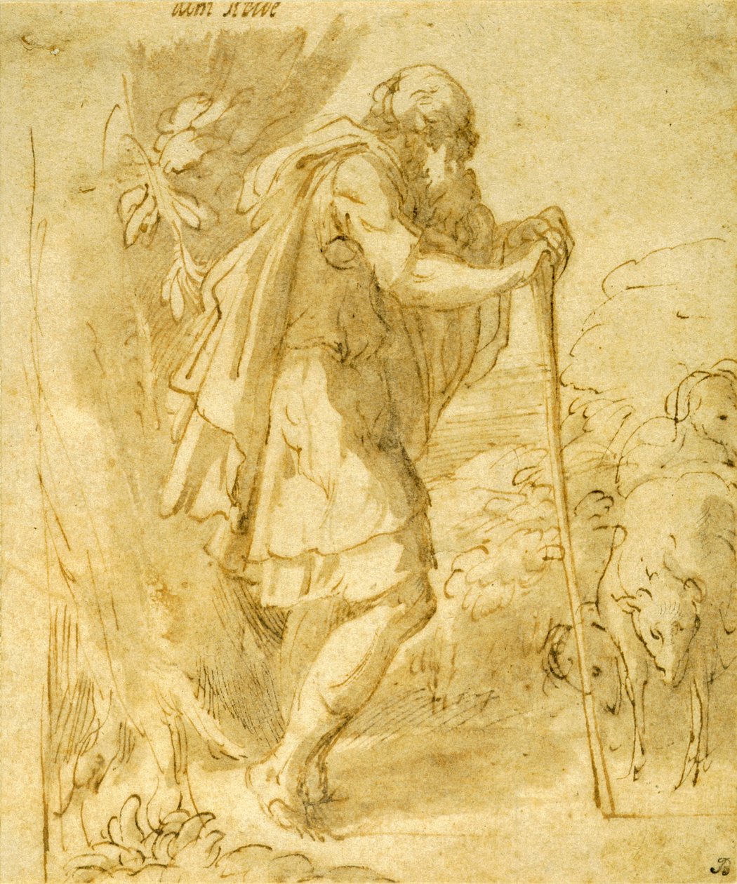 Gammel hyrde læner sig op ad en stav af Parmigianino