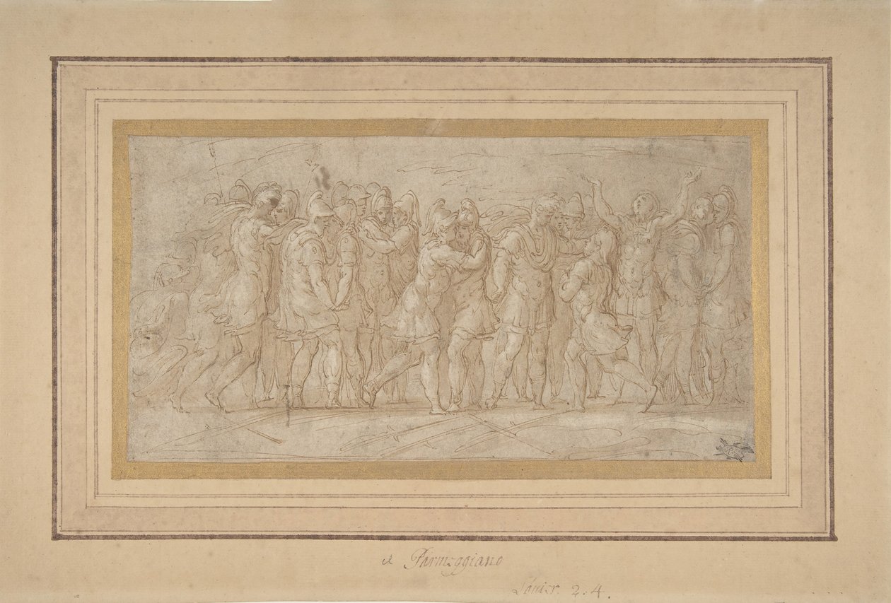 Romerske eller græske krigere fejrer efter en sejr., 1503-40. af Parmigianino