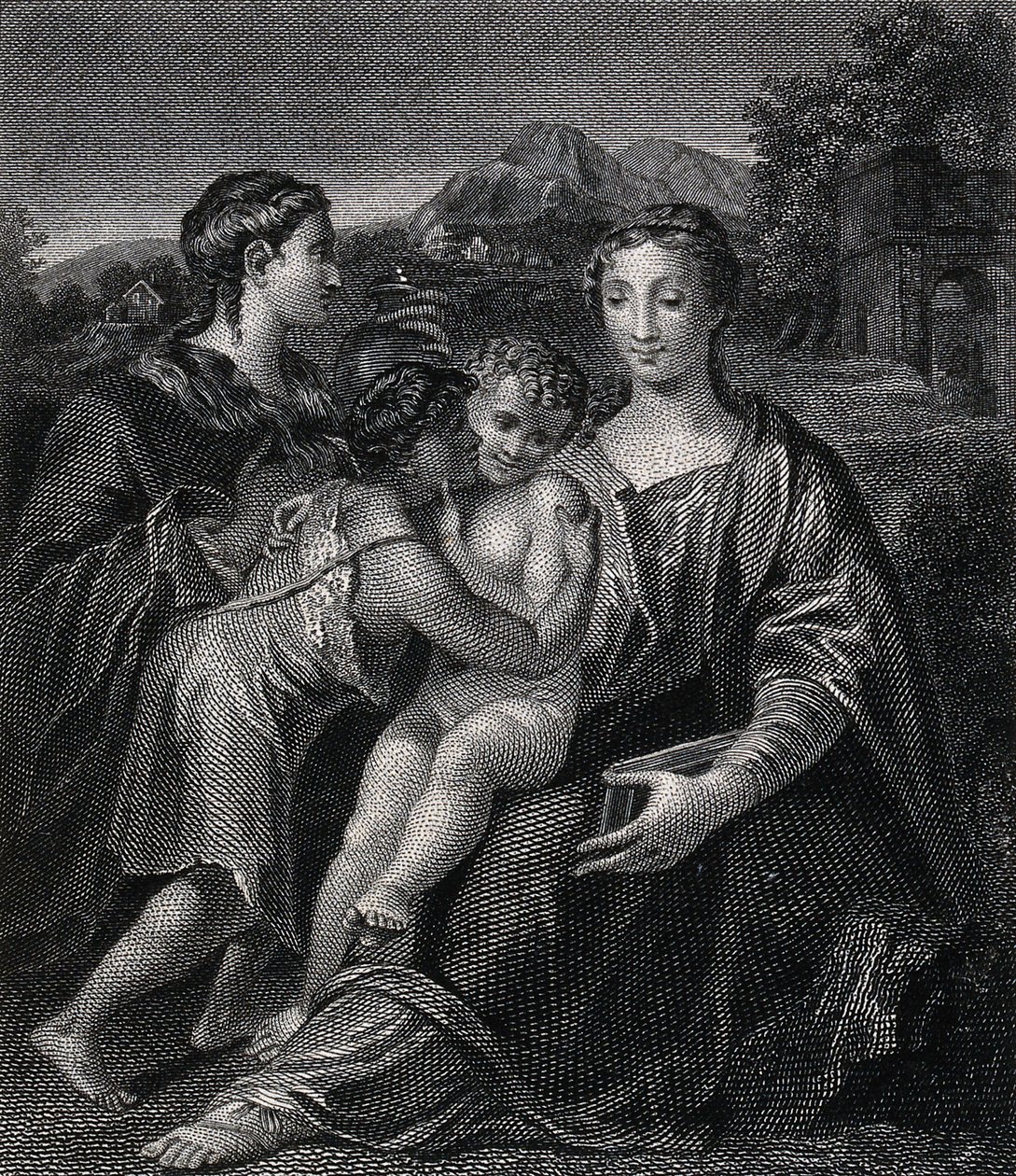 Sankt Maria (den velsignede jomfru) med Kristusbarnet, Sankt Johannes Døberen og Sankt Maria Magdalene. Kobberstik efter G.F.M. Mazzola, il Parmigianino. af Parmigianino