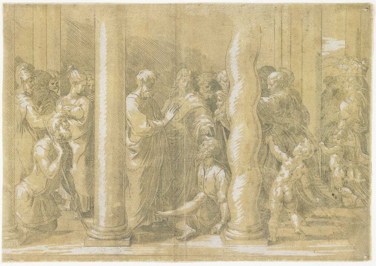 De hellige Peter og Johannes helbreder de syge ved templets porte, ca. 1530 af Parmigianino