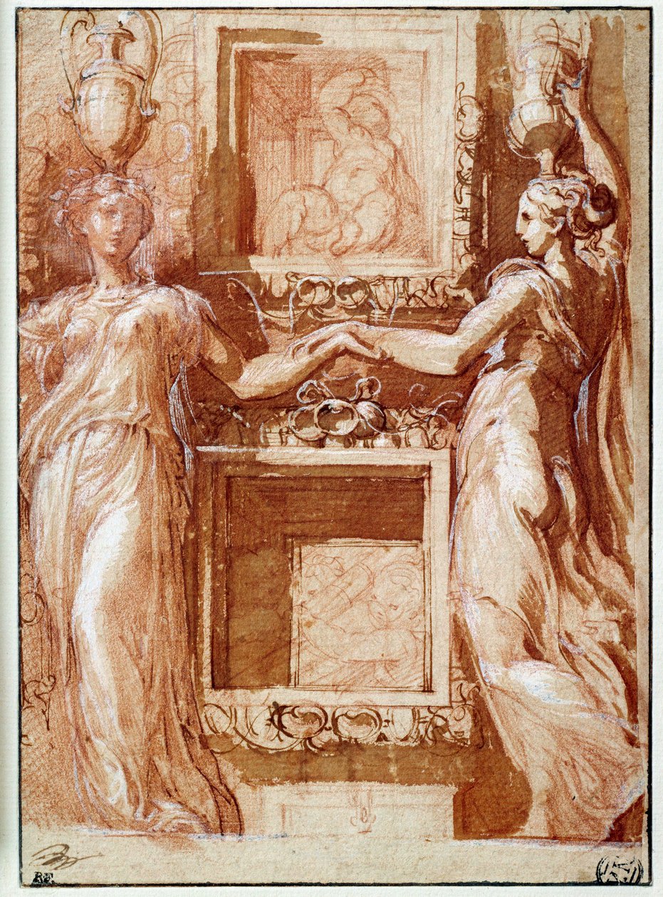 Two canephores giving their hand, on both sides of boxes Drawing in ink, wash, blood and white flaps by Girolamo Francesco Maria Mazzola dit Parmigianino or Le Parmesandani af Parmigianino