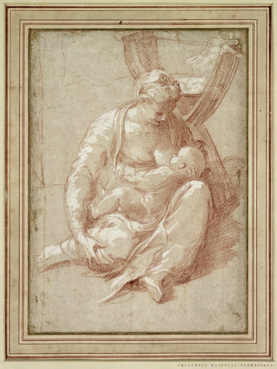 Jomfru sidder på jorden og ammer barnet af Parmigianino