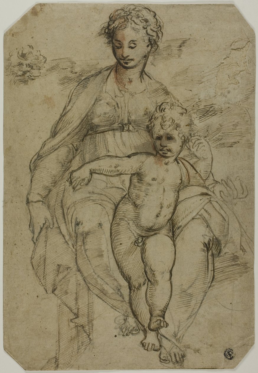 Jomfru og Barn (recto); Skitse af tre hellige og karikaturskitse (verso) af Parmigianino