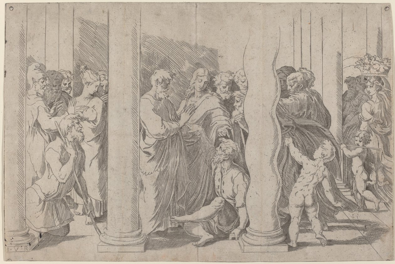 De hellige Peter og Johannes helbreder den lamme mand ved den gyldne port af Parmigianino after Raphael