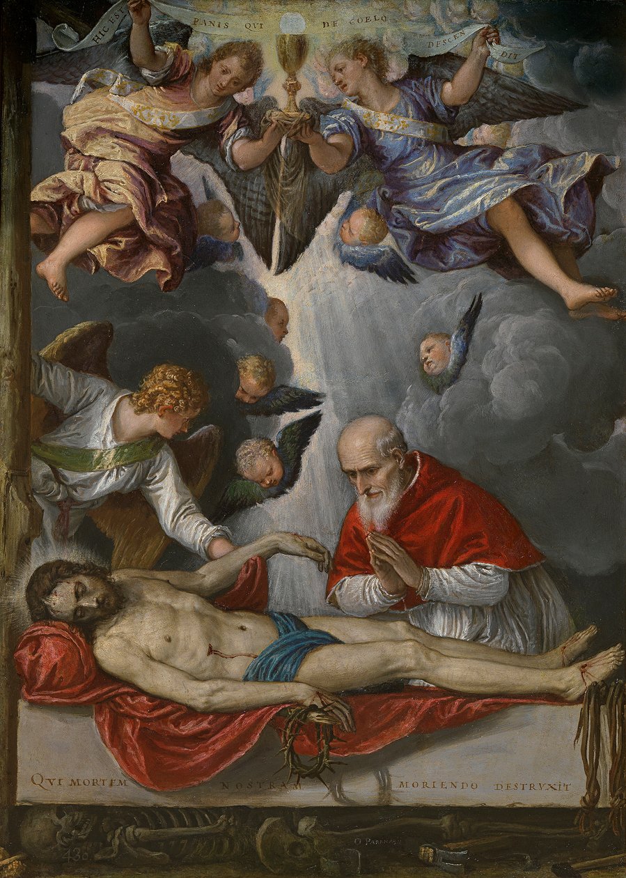 På spansk:  Cristo yacente adorado por el papa Pío V Den døde Kristus æret af Pius V af Parrasio Micheli