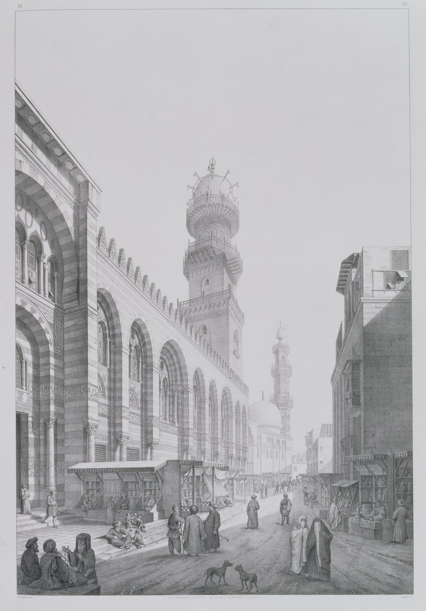 Ydersiden af Qalaoun-moskeen, plade 20 fra "Monuments and Buildings of Cairo", graveret af Auguste Hibon (1780-1857) 1829 af Pascal Xavier Coste