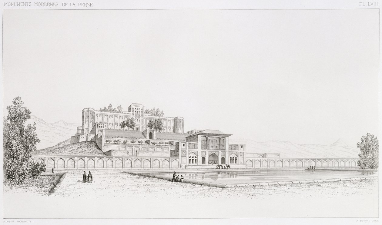 Udsigt over Golestan Qajar-paladset "Kasr l Kadjar" i Teheran, fra "Voyage Pittoresque" of Persia, graveret af Joseph Durond (f.1816), udgivet af Lemercier, Paris, 1856 af Pascal Xavier Coste