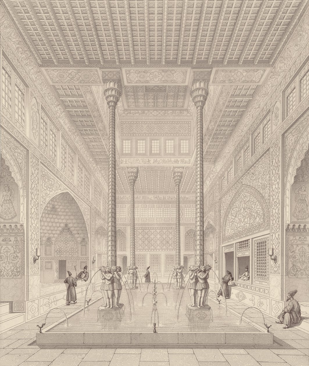 Interiør af Tchar-Bach-paladset, Isfahan, fra Moderne Monumenter i Persien, indgraveret af Claude Sauvageot (1832-85) og Jean Charles Huguet, 1856 af Pascal Xavier after Coste