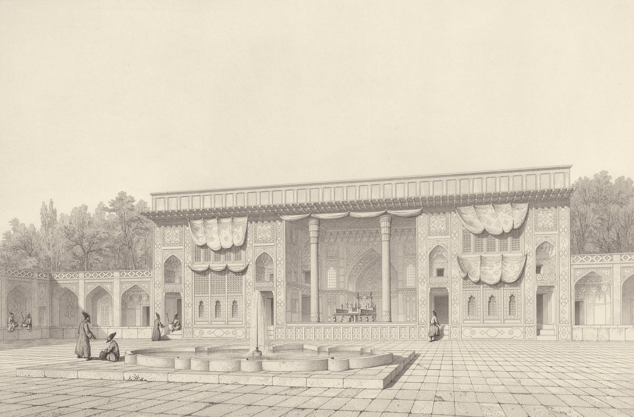 Throne Pavillon, i Teheran, fra Voyage Pittoresque of Persia, indgraveret af Claude Sauvageot (1832-85) udgivet af Lemercier, Paris, 1856 af Pascal Xavier after Coste