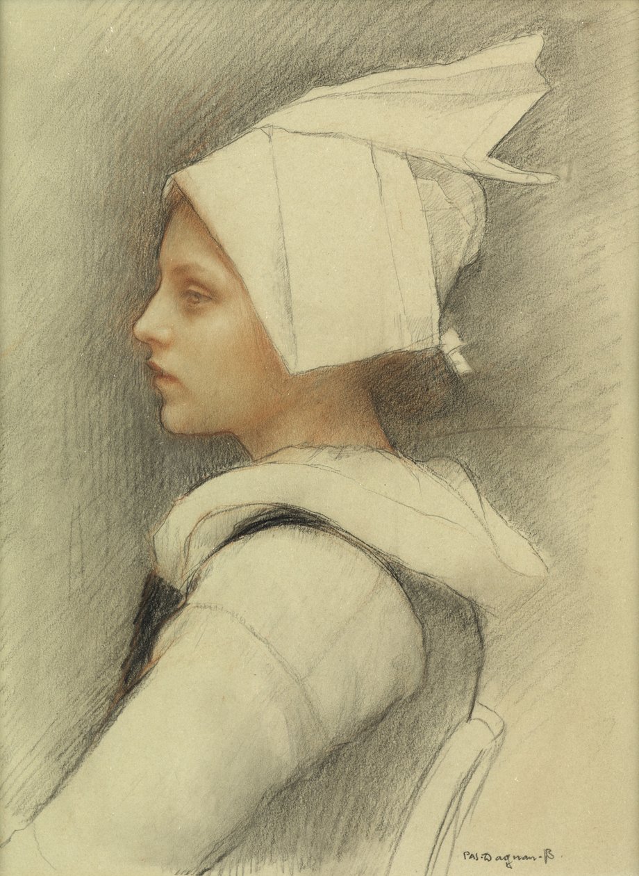 A Breton Girl (farvet kridt på papir) af Pascal Adolphe Jean Dagnan Bouveret