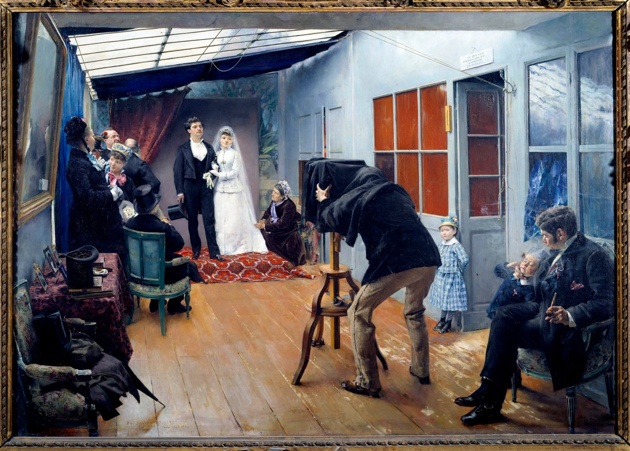 Et bryllup med fotografen i 1879 Et par unge brude poserer i fotografstudiet. Maleri af Pascal Adolphe Jean Dagnan-Bouveret (1852-1929) 1879 søn. 0,85x1,22 m Lyon, musee des Beaux Arts - Bryllupsfest i fotografens atelier af Pascal Adolphe Jean Dagnan Bouveret