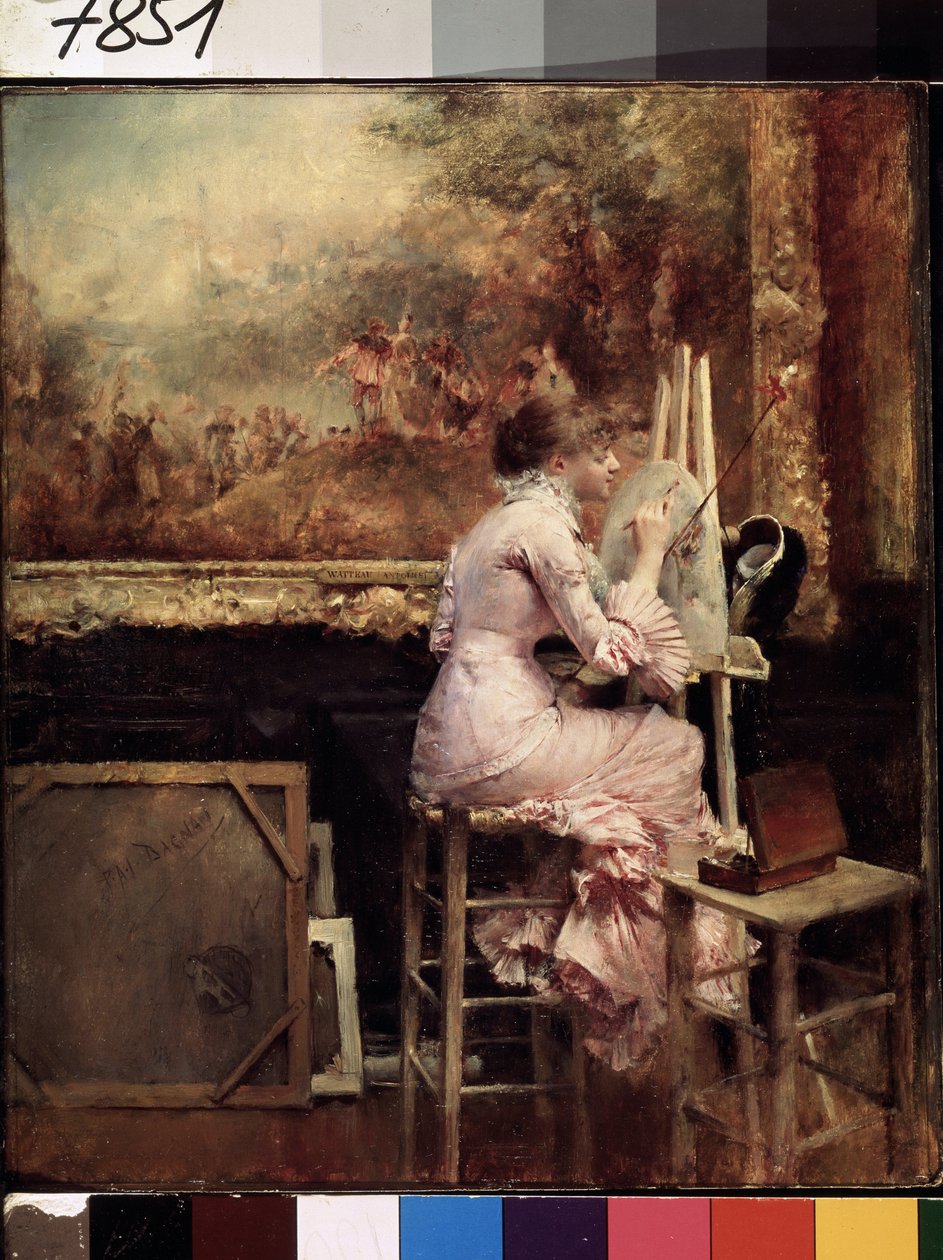 ""Ung kunstner laver en akvarel på Louvre-museet"" (Ung akvarelist i Louvre) Hun er klædt i Belle Epoque-mode og sidder på en skammel. Maleri af Pascal Adolphe Jean Dagnan-Bouveret (Dagnan Bouveret) (1852-1929) omkring 1889 af Pascal Adolphe Jean Dagnan Bouveret