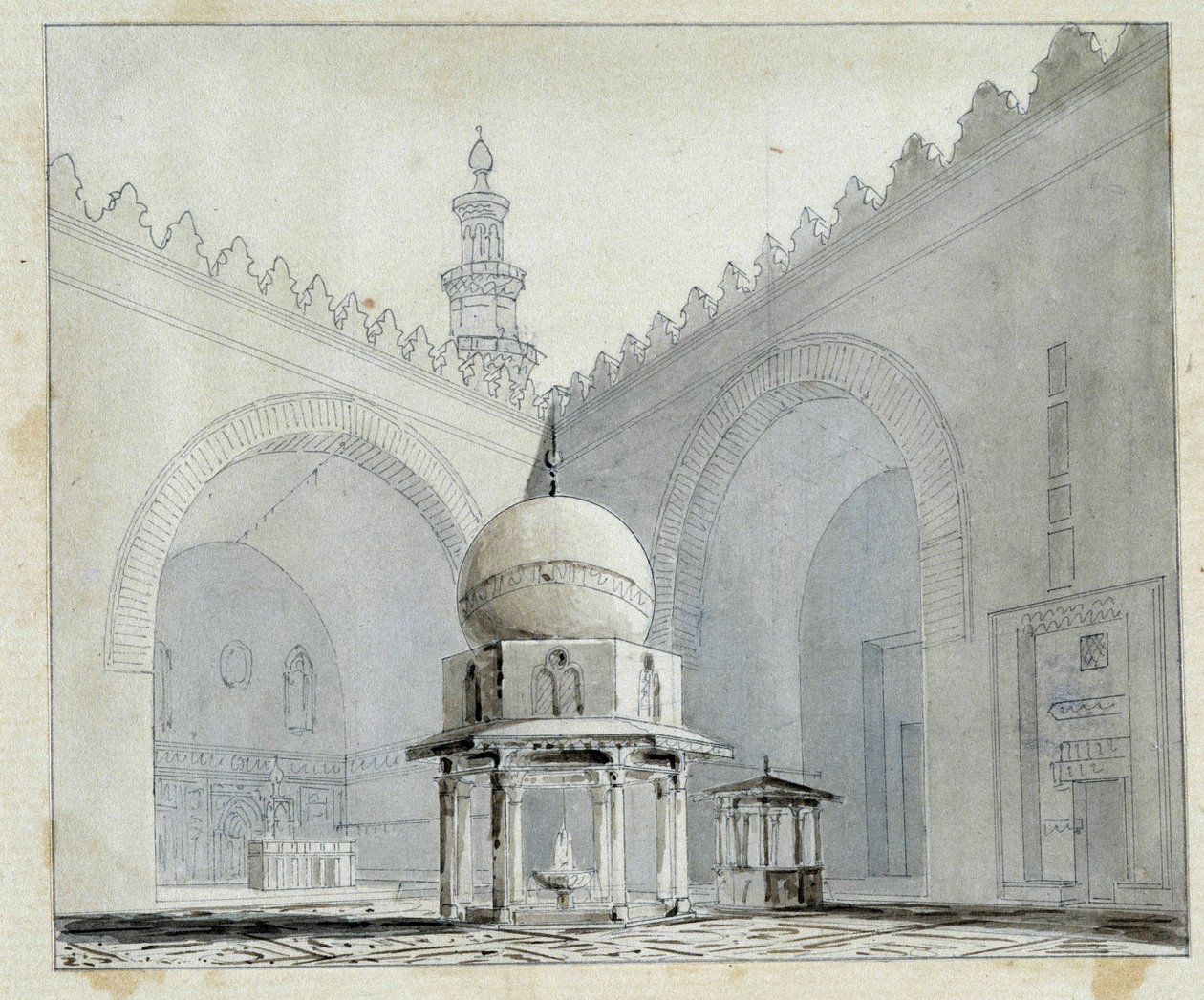 Domstol for Sultan Hassans moske, Cairo Egypten. Akvarel af Pascal Coste (1787-1879). Marseilles kommunale bibliotek af Pascal Xavier (after) Coste