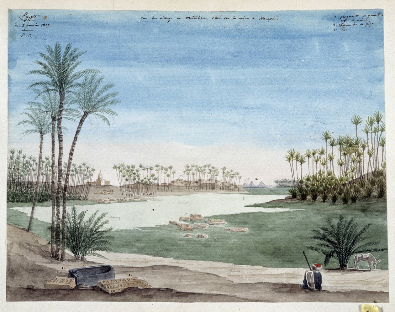 Egypten: Udsigt over landsbyen Metriham nær Memphis. 1819 Tegning af Pascal Coste (1787-1879) Museum of Mediterranean Archaeology, Marseille af Pascal Xavier (after) Coste