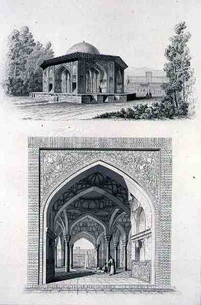 Kiosk i Golestan Qajar-paladset "Kasr l Kadjar" i Teheran, fra "Voyage Pittoresque" of Persia, graveret af Otto Obermayer, udgivet af Lemercier, Paris af Pascal Xavier (after) Coste
