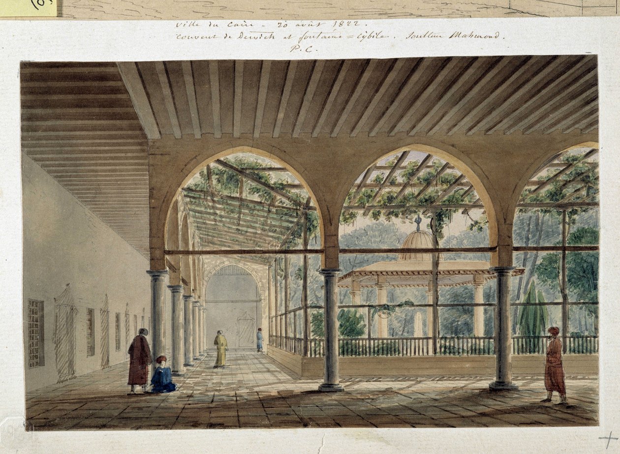 Orientalisme: dervishkloster og springvand. Tegning af Pascal Coste (1787-1879) af Pascal Xavier (after) Coste